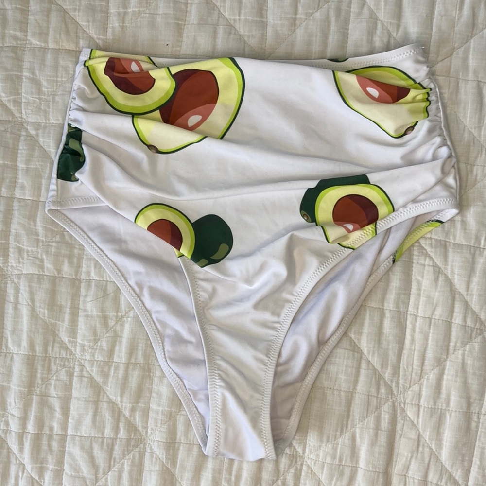 Like New White Avocado Print High-Waisted Bikini Bottom